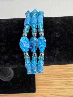 Blue Floral Bead Stretch Bracelet - Unbranded